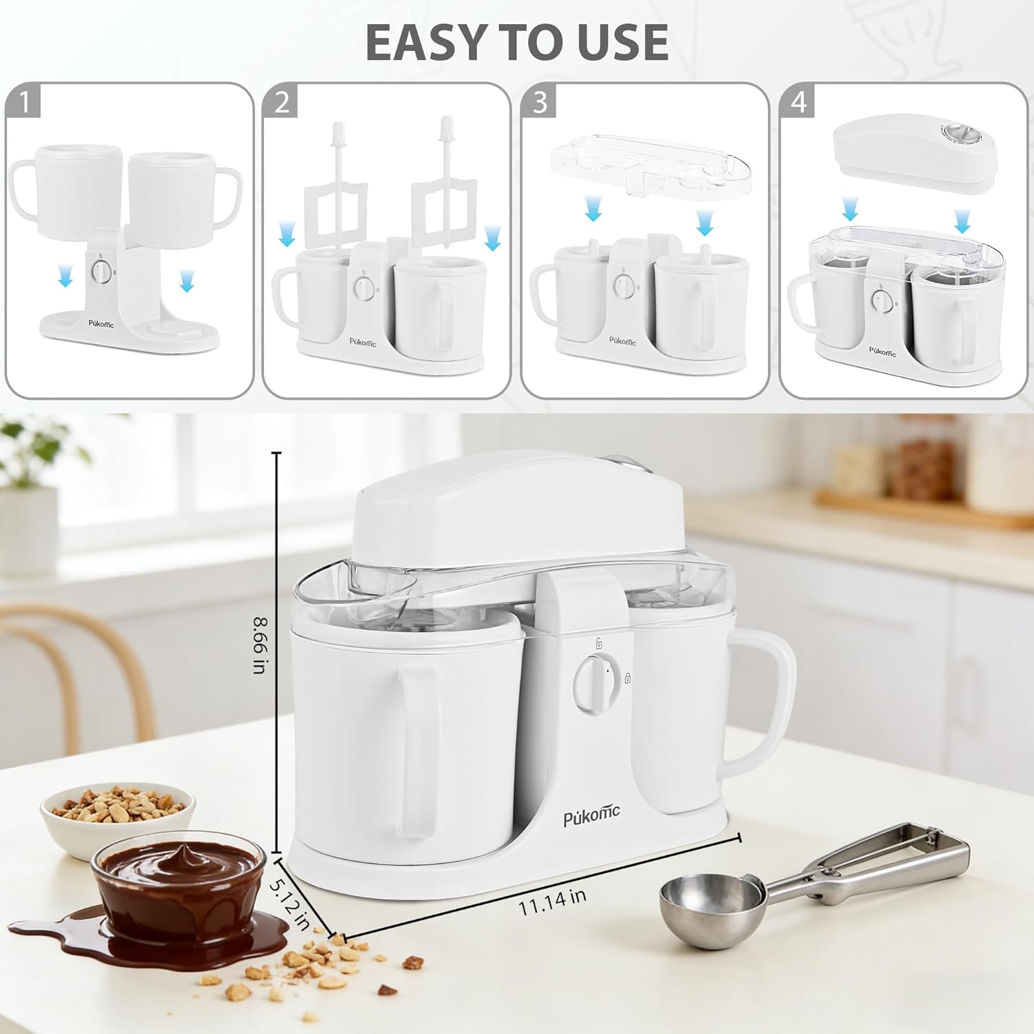 Ice Cream Maker Machine for Home Use, with Two Ice Cream Bowls,Simple Operation and Easy to Clean,White