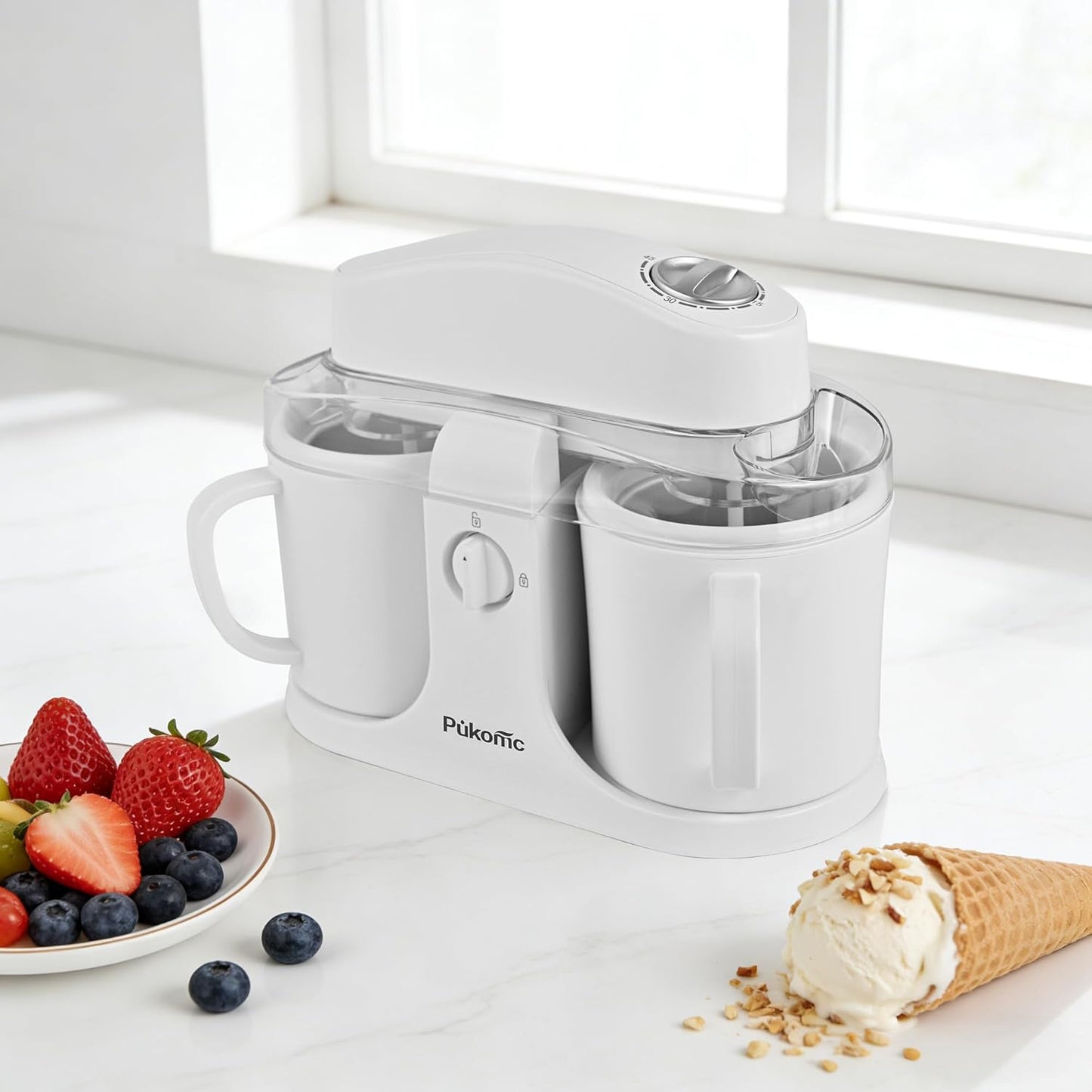 Ice Cream Maker Machine for Home Use, with Two Ice Cream Bowls,Simple Operation and Easy to Clean,White